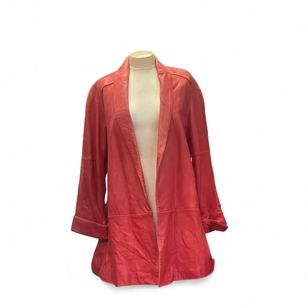 Red leather duster jacket with - Picture 1 of 5